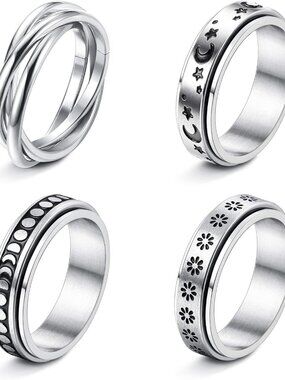 Stainless Steel Fidget Anxiety Ring for Women Men Fidget Spinner Rings Moon Star